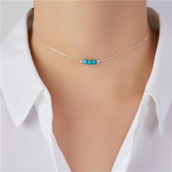 Dainty Crystal 925 Sterling Silver Choker Collar Necklace Handmade With 3 Beads - Picture 10 of 14